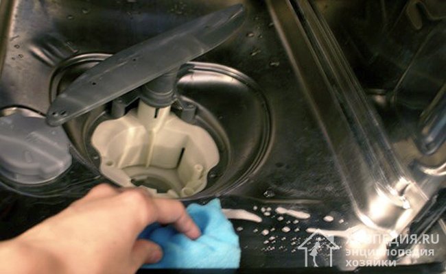 Обработка внутренних поверхностей посудомоечной машины средством для мытья посуды