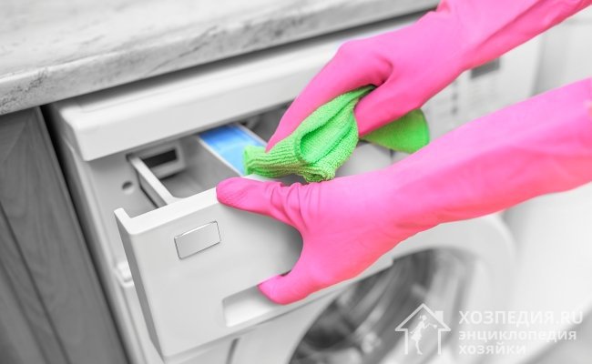 При очищении стиральной машины важно не забыть про лоток для порошка