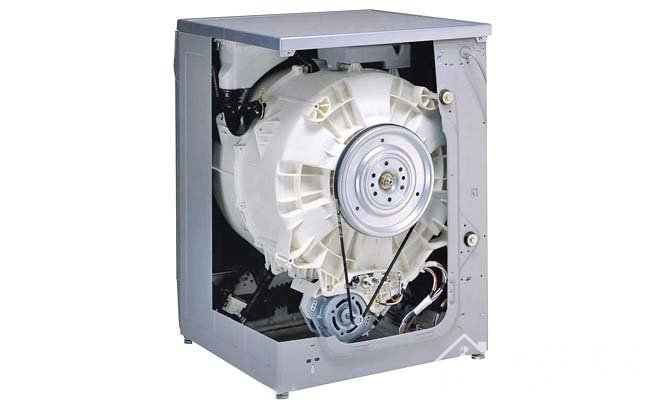 Электродвигатель стиральной машинки расположен в нижней части корпуса, под баком