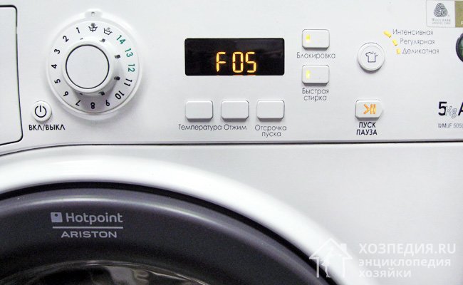В стиральных машинах марки Hotpoint Ariston проблемы со сливом воды обозначаются кодом ошибки F05